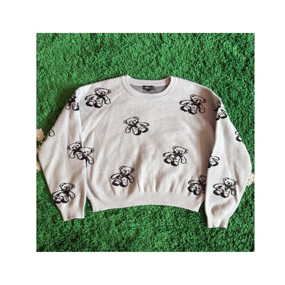 Forever 21 Womens Teddy Bear Graphic Knit Sweater Grey Bow Accents Large